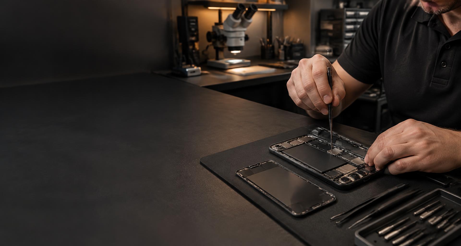 Illustration d’un technicien réparant un cellulaire avec des outils de précision